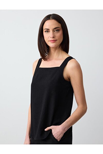 Jimmy Key Siyah Kare Yaka Kolsuz Keten Karışımlı Bluz