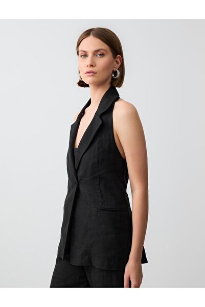 Jimmy Key Siyah %100 Keten Dar Kesim Sırt Dekolteli Cep Detaylı Yelek