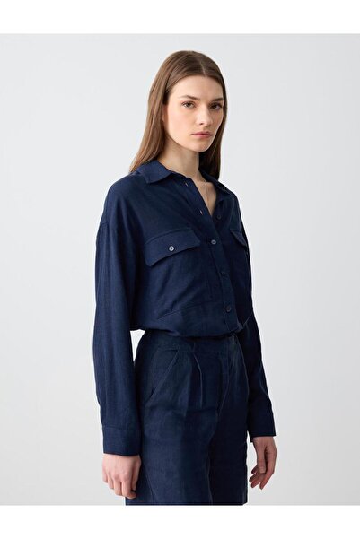 Jimmy Key Lacivert Düz Kesim Uzun Kollu Cep Detaylı Dokuma Keten Gömlek