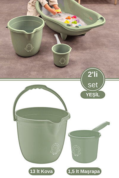 12den 2’li Bebek Banyo Su Kovası ve Maşrapası Seti, Saplı Oluklu Kova 13lt ve Maşrapa 1,5lt Set Yeşil