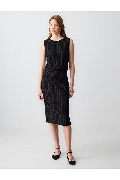 Jimmy Key Black Crew Neck Sleeveless Patterned Knitted Midi Dress