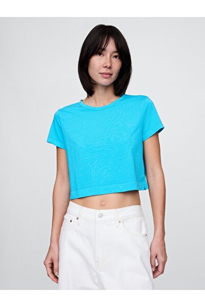 GAP Kadın Açık Mavi %100 Organik Pamuk VintageSoft Crop T-Shirt