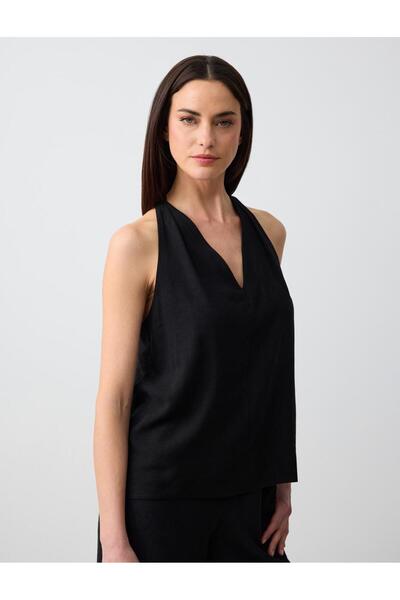 Jimmy Key Siyah Düz Kesim V Yaka Keten Bluz