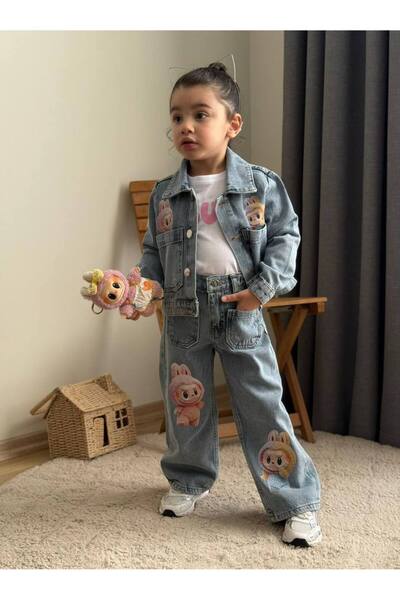 Çamur Kids Labubu Printed 3-Piece Girls' Jeans Set - Jacket, T-Shirt, Jean Pants, Ages 3-10