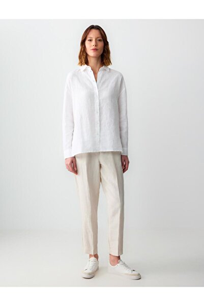 Jimmy Key Beyaz %100 Keten Düz Kesim Uzun Kollu Dokuma Gömlek