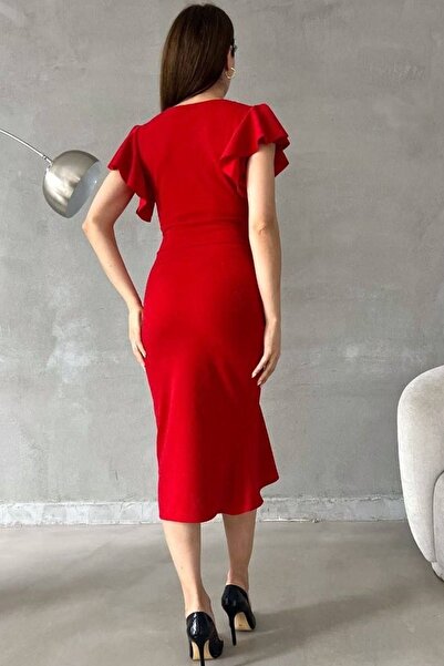 bayansepeti Women's Red Lurex Fabric Double Breasted Neckline Flounce Detailed Evening Dress 121