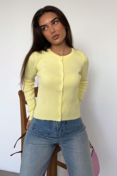 Seeh Sarı Düğmeli Uzun Kollu Triko Hırka SH209