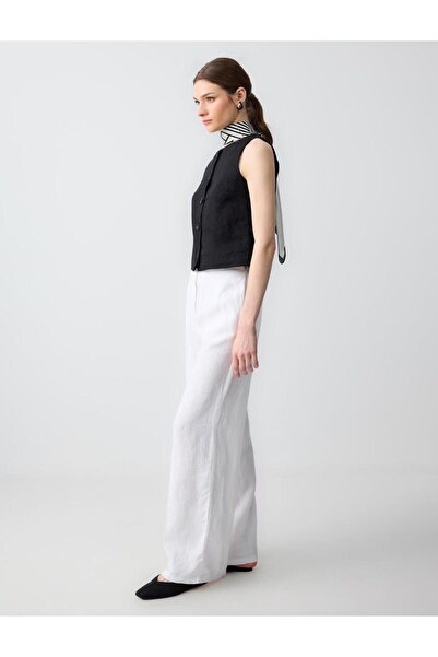 Jimmy Key Beyaz %100 Keten Rahat Kesim Yüksek Bel Bol Paça Pantolon