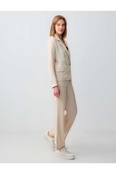 Jimmy Key Taş %100 Keten Rahat Kesim Yüksek Bel Bol Paça Çizgili Pantolon