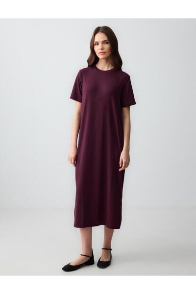 Jimmy Key Burgundy Straight Cut Crew Neck Short Sleeve Knitted Dress