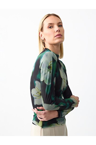 Jimmy Key Print Floral Print Crew Neck Long Sleeve Mesh Knitted Blouse