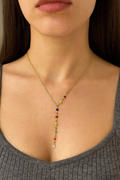 VATESTUGE Golden Y Necklace with Vivid Color Bead Detail – Glamorous Elegance