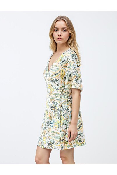 Jimmy Key Taş V Yaka Kısa Kollu Desenli Keten Karışımlı Mini Elbise