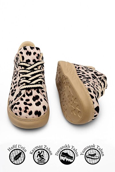 Nstil Günlük Kadın Sneaker Leopar Desenli Bağcıklı Oval Burun Yüksek Kalın Topuklu Spor Ayakkabı 313