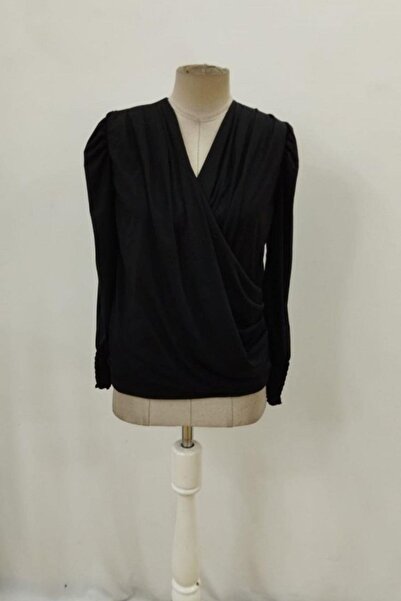 Mossta Double-Breasted collared flowy sleeve end gimped sandy blouse black