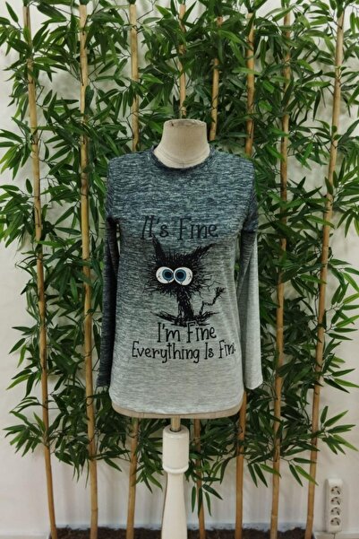 Mossta Crew Neck Patterned Single Jersey Blouse - Gray