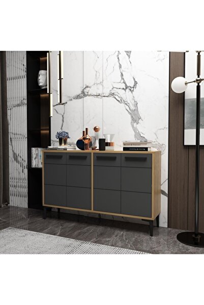 zerkaconcept Marden Konsol Tv Sehpası Tv Ünitesi Meşe Gövde Antrasit Kapak