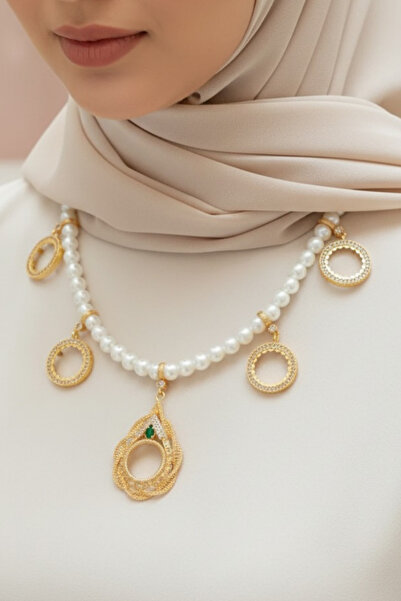 TwinsCollection Çeyrekli Altın Uyumlu 8mm İncili 5'i Bir Yerde Kolye - Çeyrekli Beşi Bir Yerde Kolye