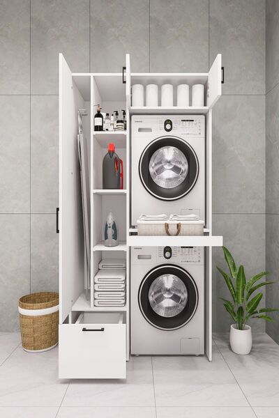 DEMİRBAL MOBİLYA MDF ÇAMAŞIR MAKİNESİ VE KURUTMA MAKİNESİ DOLABI ÜTÜ MASALI ÇEKMECELİ