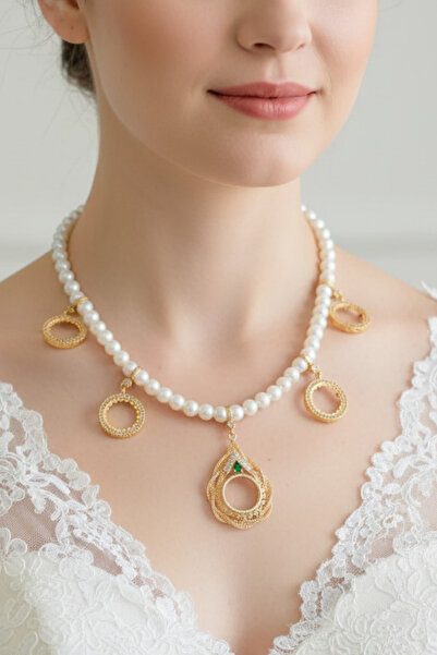 TwinsCollection Çeyrekli Altın Uyumlu 8mm İncili 5'i Bir Yerde Kolye - Çeyrekli Beşi Bir Yerde Kolye