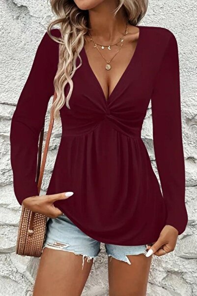 Mossta V-Neck Long Sleeve Viscose Blouse with Knot Detail - Burgundy