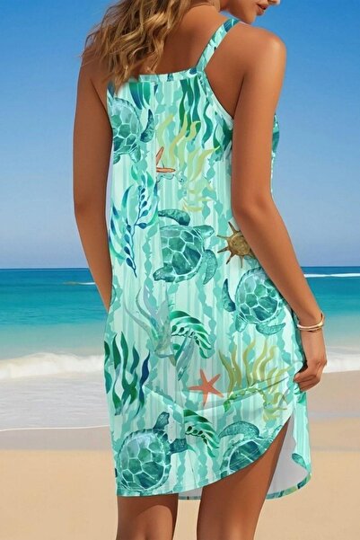 Mossta Halter Neck Patterned Single Jersey Dress - Green