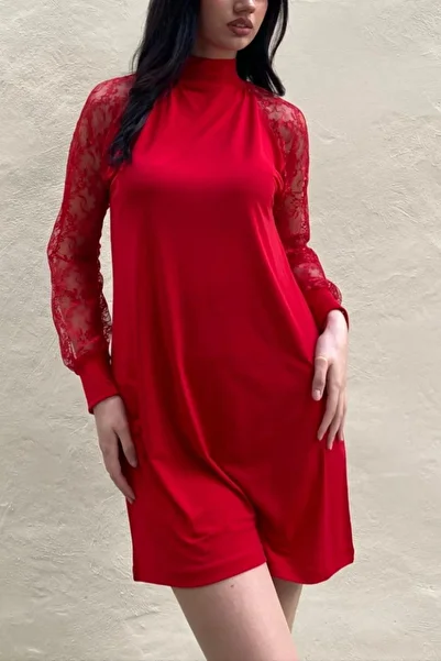 Mossta Lace Detailed Long Sleeve Mini Sandy Dress - Red