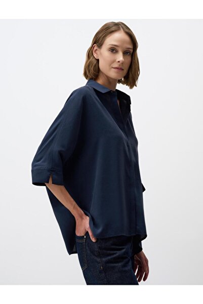 Jimmy Key Πουκάμισο με υφαντό μπλε Navy Blue Relaxed Cut με μανίκια τριών τετάρτων