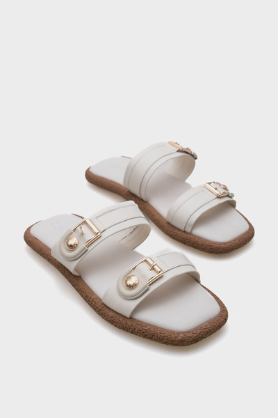 Capone Outfitters Enya Genuine Leather Double Buckle Flat Heeled Comfort Women's Slippers