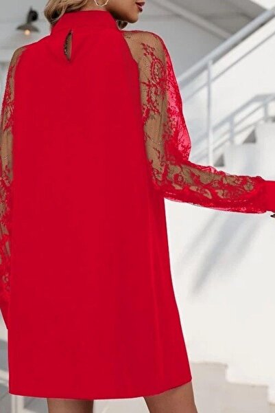 Mossta Lace Detailed Long Sleeve Mini Sandy Dress - Red