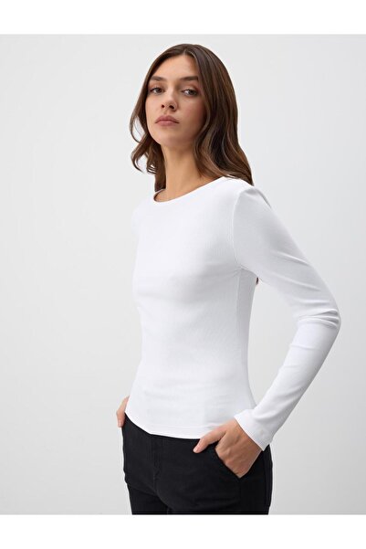 Jimmy Key Екру блуза с дълъг ръкав, тясна кройка и лодка деколте