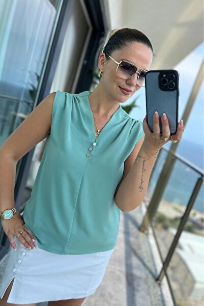 DISHI FASHİON Σατέν μπλούζα με κουμπιά ΠΡΑΣΙΝΗ