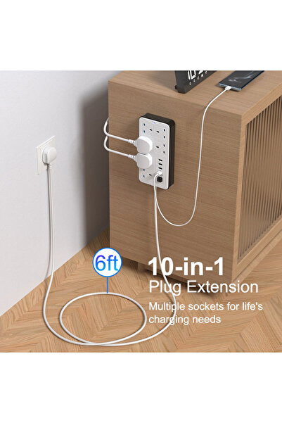 powermax وصلة طاقة 10 في 1 بقدرة 2500 وات مع 6 منافذ تيار متردد، 3 منافذ USB + 1 منفذ PD Type-C، سلك بطول 5 أمتار، أبيض