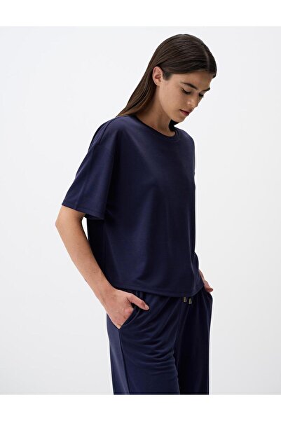 Jimmy Key Πλεκτό μπλουζάκι με κοντό μανίκι με λαιμόχρωμο μπλέ Navy Loose Cut