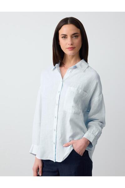 Jimmy Key Gök Mavisi %100 Keten Oversize Cepli Uzun Kollu Gömlek