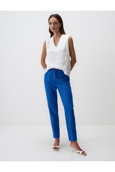 Jimmy Key Kobalt %100 Keten Yüksek Bel Normal Paça Pantolon