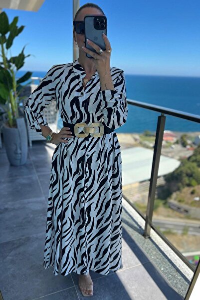 DISHI FASHİON Long Shirt Dress Zebra Without Belt
