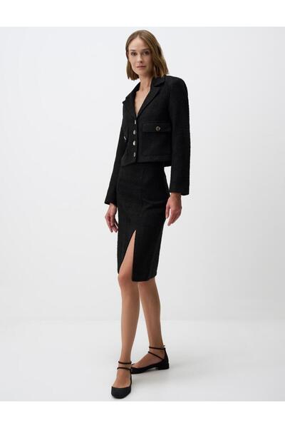 Jimmy Key Black Slit Regular Waist Solid Cut Patterned Midi Skirt