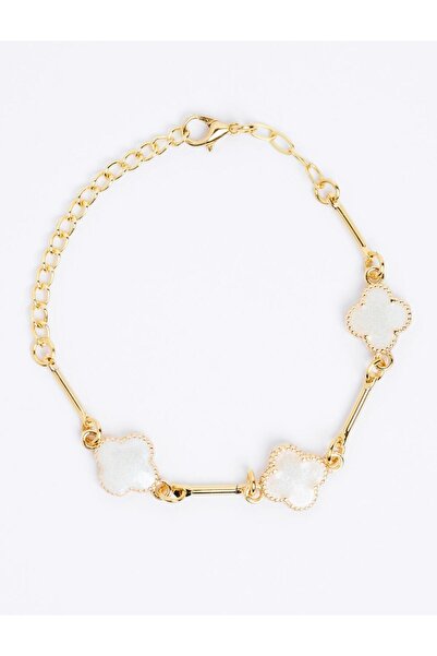 Jimmy Key Beyaz Yonca Figürlü Taş Detaylı Ayarlanabilir Bileklik