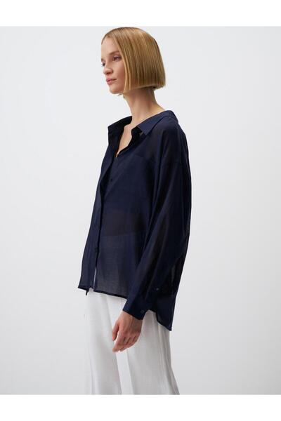 Jimmy Key Navy Blue Long Sleeve Straight Voile Cotton Shirt