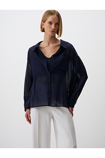 Jimmy Key Navy Blue Long Sleeve Straight Voile Cotton Shirt