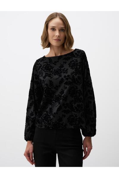 Jimmy Key Bluză neagră cu mânecă lungă, cu decolteu barcă, cu croiala relaxată