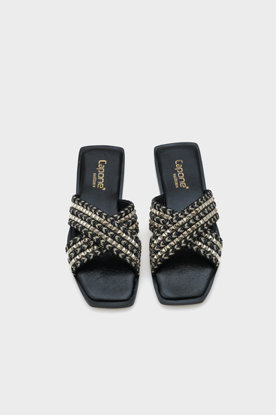 Capone Outfitters Kyla Flat Heeled Blunt Toe Metal Accessory Cross Strap Straw Women's Slippers