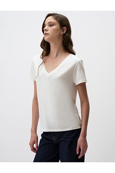 Jimmy Key Tricou de bază cu mânecă scurtă cu decolteu în V alb