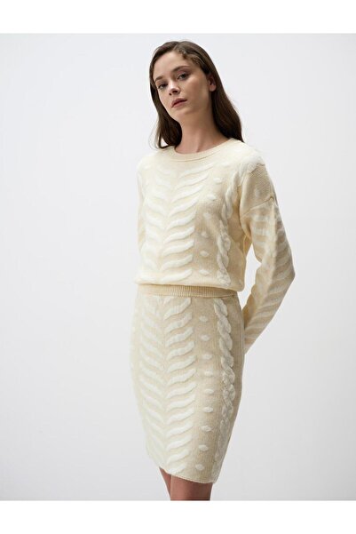 Jimmy Key Açık Sarı Yüksek Bel Balıksırtı Desenli Mini Triko Etek