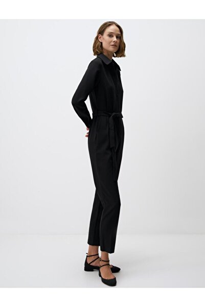 Jimmy Key بذلة منسوجة ذات ياقة قميص أسود مع تفاصيل حزام الخصر