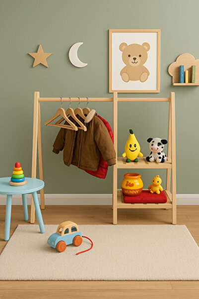 pinoxi Masif Ahşap Çocuk Dolap Askılık Montessori Yuvarlak Askılı