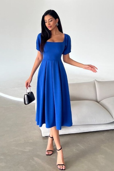 lovebox Women's Stretchy Diver Fabric Square Neck Balloon Sleeve Design Saks Blue Midi Evening Dress582613