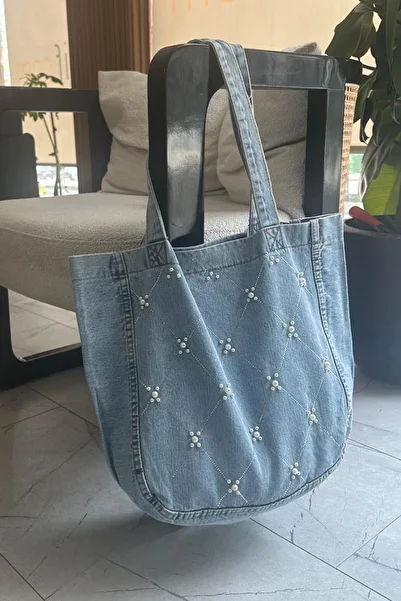 lamelif Washed Bead Stone Embroidered Jeans Zipper Closure Embroidered Bag Denim Blue