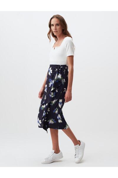 Jimmy Key Navy Blue Regular Waist Floral Patterned Midi Skirt